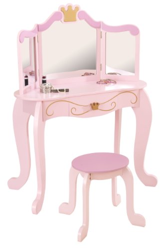 mobili per camera da letto e sala giochi per bambini GOPLUS Set di toeletta e sedia per bambine toeletta con specchio e sgabello in stile principessa Rosa 49 x 34 x 89,5 cm 